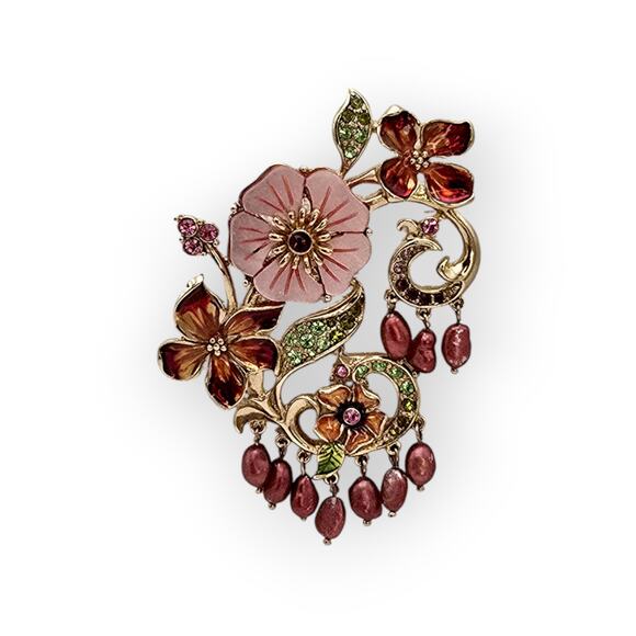 Floral & Mother-of-Pearl Style Brooch Pink Blossoms, Rhinestones & Dangle Pearls - Picture 9 of 9